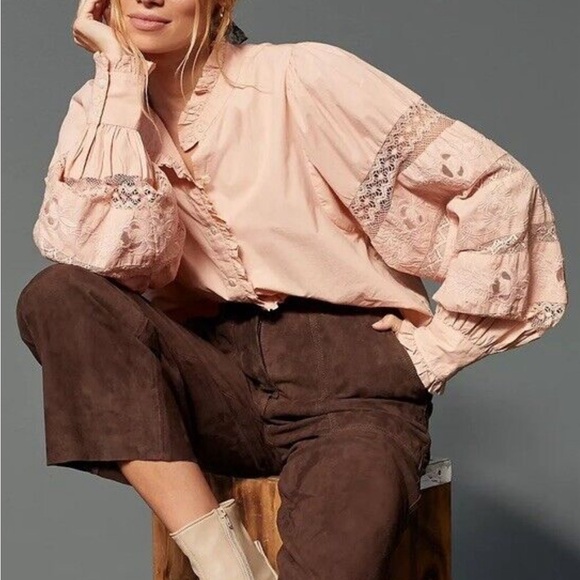 Anthropologie x Love The Label Puff Sleeve Lace Button Down Blouse NWT Size XS - Picture 1 of 12